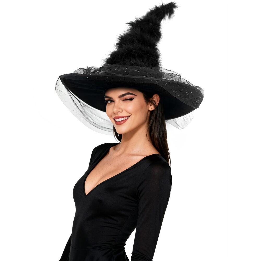 2701 DIY Plush Strip Black Witch Hat – Wide Brim Gothic Halloween Costume